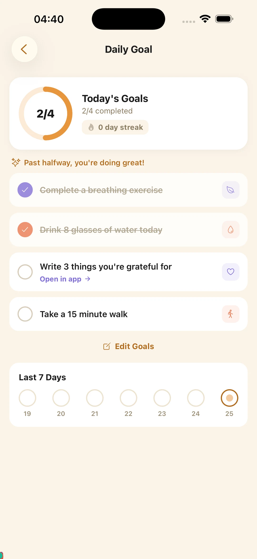 Wonori daily goal screen