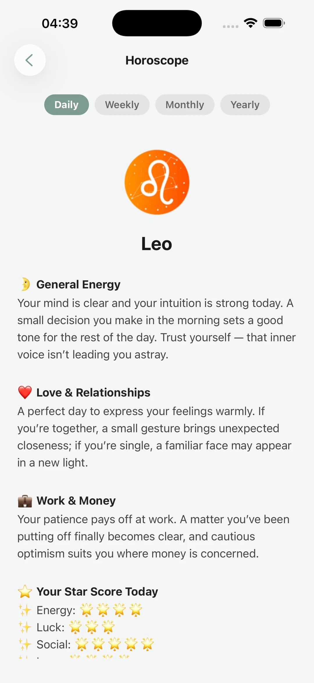 Wonori horoscope screen