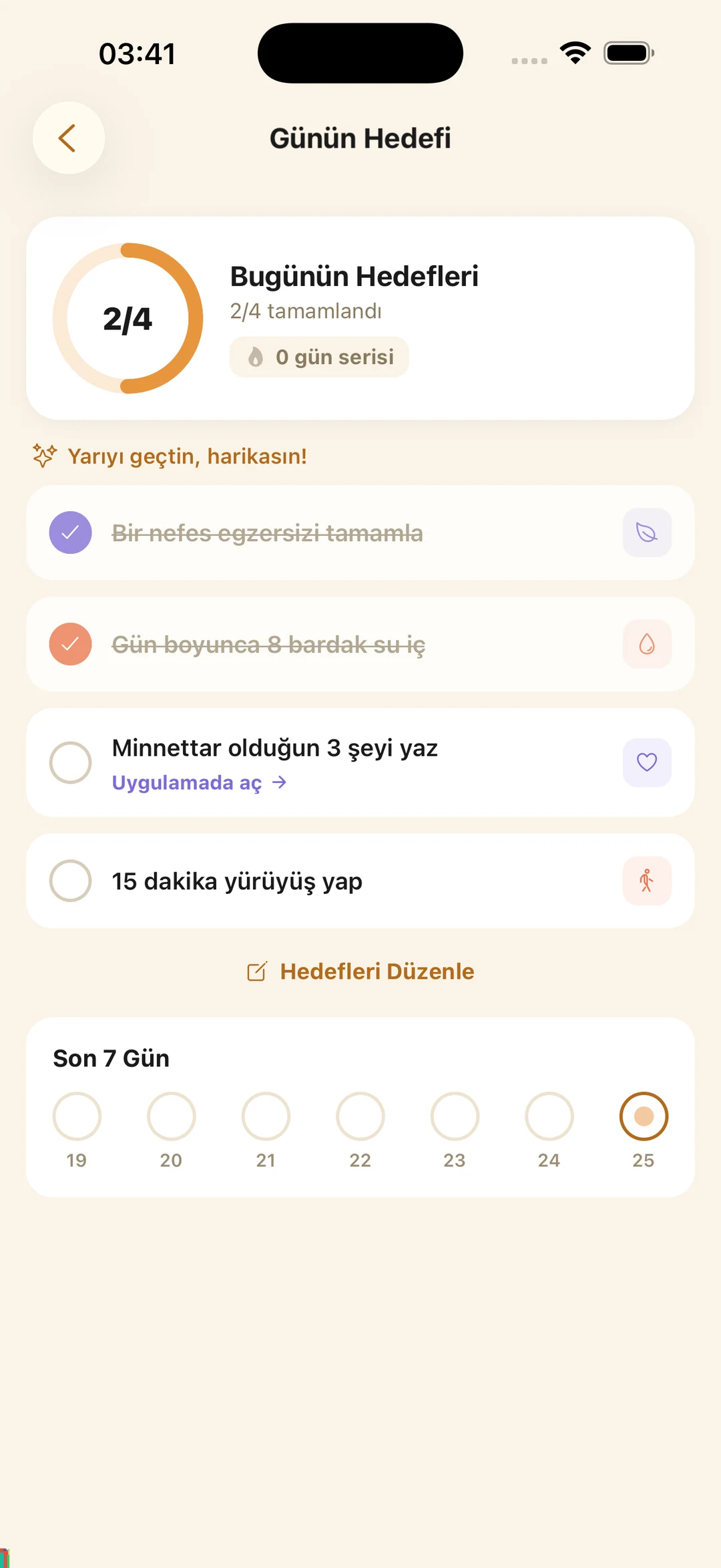Wonori günlük hedef ekranı