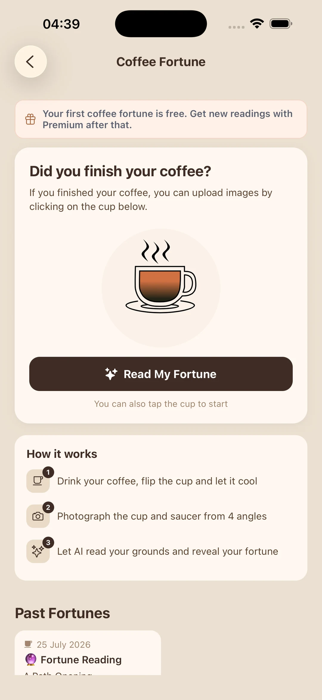 Wonori coffee reading screen