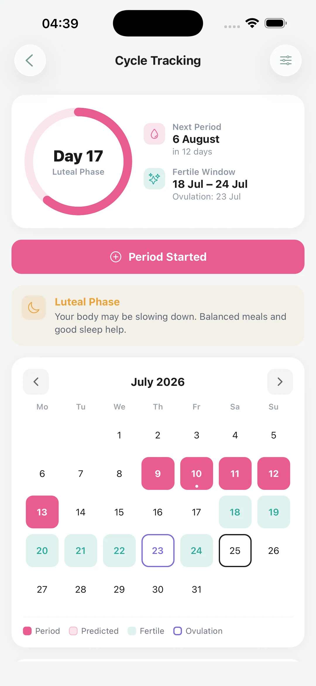 Wonori cycle tracking screen
